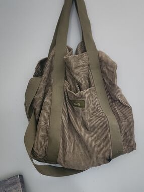 SAS Corduroy Duffel Tote in Taupe with Olive Straps